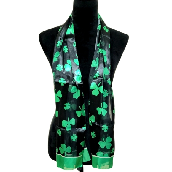 Women's St. Patrick's Day Black & Green Silky Sheer Shamrock Scarf - Picture 1 of 6